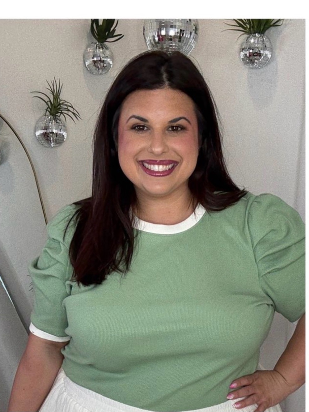 Plus Sage Green Puff Sleeve Top with White Trim